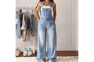 Blue Loose Mid-Waisted Casual Denim Viscose/Cotton SAND WASH Jumpsuits for Women Summer Button Y2K Retro Design Overalls