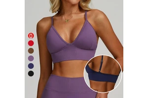 Wholesale Women's Double Strap Seamless Yoga Sports Bra Quick-drying V-Neck With Chest Pad Front Logo Medium Support