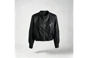 Handsome Coated PU Leather Blouson Jacket Women's Spring Autumn New Solid Stand Collar Short Zipper Closure Pockets Polyester