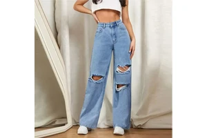 Women's Premium Quality Loose Wide Leg Custom Zipper Fly Ripped Detail Embroidered Denim Pants-Colored Mid for Summer Fashion