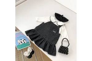 2026 Spring New Girls' Denim Baby Dress Suit Versatile With Bow Strap Denim Dress With Turn-Down Collar Two-Piece Set