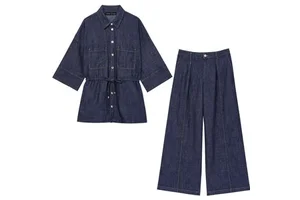 Set Women's fashion new denim blended fabric nine-point sleeve shirt+casual denim wide leg pants women's suit