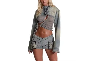 New Arrival High Quality Women's Denim Suit Sexy Drop Shoulder Crop A-Line Mini Skirt Acid Wash Faded Denim Solid Stand Skinny