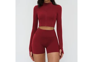 Wholesale Fitness Clothing Outdoor Sports Tight Yoga Fitness Suit Mid Waist Full Sleeve 2 Piece Set Solid Front Anti-Bacterial