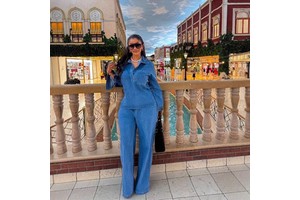 Trendy Women's Denim Two-Piece Suit, Long Sleeve Lapel Pocket Jacket with Tie Waist Straight Pants for Daily Wear