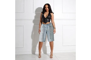 Summer Casual Streetwear Women's Straight Washed Denim Shorts High Waist Zipper Button Beaded Knee-Length Pants