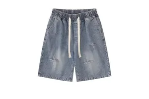 Men's Denim Bermuda Shorts Elastic Waist Ripped Washed Casual Style 100% Cotton Woolen Fabric Vintage Shorts