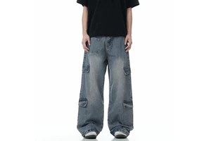 Custom Ready Made Men's Cotton Straight Wide Leg Baggy Jeans Pants Loose Fit Washed Pockets Buttons Denim Pants for Men