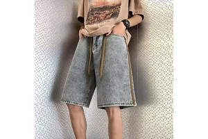 Denim Shorts Men's Summer Washed Retro Trendy Customization LOGO High Street Design With Drawstring Short Pants OEM