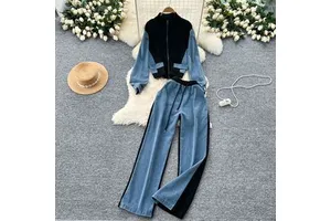 Fashion Casual Stitching Stand Collar Zipper Top High Waist Wide Leg Pants Denim Two-piece Suit Women's Casual Sets