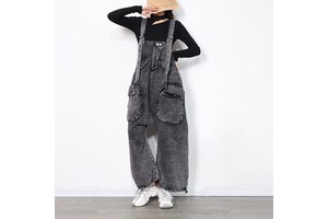 American High Waist Overalls Jeans Loose Large Pockets Jumpsuit Wide Pants Denim Back Pants