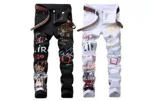 High Street Fashion Men's Jeans Nightclub Black and White Designer Brand Jeans Men's Plus Size Punk Pants Hip-hop Denim Jeans