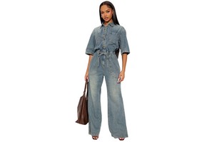 Custom Women Casual Short Sleeves Jumpsuit Blue Denim Work Wear Elastic Waist Zip Fly Jumpsuit Overalls for Ladies