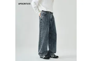 Men's Relaxed Fit Denim Jeans Straight Wide Leg Washed Blue Casual Street Fashion Denim Trousers