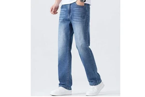 Plus Size Men's Straight Leg Denim Jeans Washed Blue Fit Pants Casual Streetwear