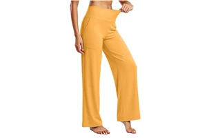 Women's Solid High Waist Flared Leg Yoga Pants Drawstring Closure Pockets Breathable Four-Way Stretch Lightweight Workout Lounge