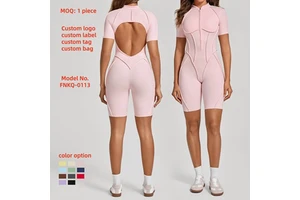 Ladies 3D Lines Breathable Hollow Back Active Stretch Zipper Yoga Jumpsuit Workout Running Tennis Sports Bodysuit Shapewear