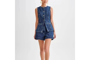 Summer Fashion Casual Sleeveless Bodycon Single Breasted Casual Two Piece Set Women's Denim Suit With Shorts