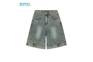 High Quality Men's Baggy StraightJeans Streetwear Casual Denim Shorts with Multiple Pockets and Embroidery Dark Wash for Summer