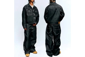 Men's Denim Jacket And Pants Set Oversized Loose Fit Full Length Solid Color Turn-down Collar Button Fly Casual Style