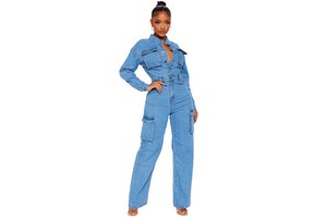 2025 Solid Color Bodycon Tight High Waist Jeans Pants Long Sleeve Casual Cargo Women Denim Jumpsuits
