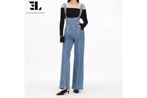 LARSUR Custom Factory Eco-friendly Soft Lyocell Denim Jumpsuit Ladies Casual Distress Wash Long Jean Jumpsuits for Women
