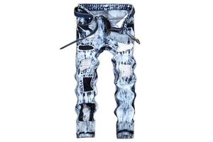 RNSHANGER New Men's Motorcycle Jeans Pleated Holes Decorative Denim Pants Trendy Men Blue Yellow Casual Denim Trousers
