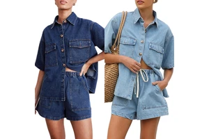 2026 Spring/Summer Vintage Suit Loose Pocket Short Sleeve Shirt Shorts Women's Denim Casual Suit