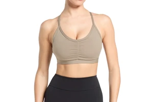 Padded Simple High Support Eco-Friendly Women's Gym Workout Bra with Criss Cross Back Deep V-Neck Ruched Front Custom Logo