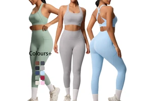 YS031 Solid Lightweight High Strength Two-Piece Yoga Pilates Sport Set Shockproof Run Bra Front Logo Breathable Leggings Gym