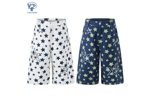 YUANBOFEI Men's Eco-Friendly Breathable Loose Straight-leg Denim Shorts Winter Autumn Retro Street Baggy Capri Jeans Star