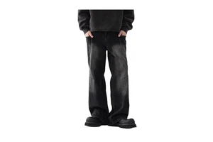 Men's Vintage Black Gradient Washed Wide Leg Denim Pants, Multi Side Patch Pockets Stitch Seam Baggy Jeans Y2K Streetwear
