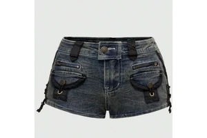 American-Style Hot Girl Low-Rise Workwear Women's Stretch Streetwear Skinny Dance Straight-Leg Over-the-Knee Denim Shorts