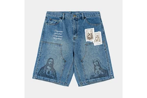 Custom Supplier Men Washed Baggy Jorts Applique Patch Printed Denim Shorts with Embroidery for Casual Streetwear