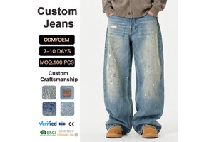 Splash-ink Vintage Summer Denim Jeans For Men Mid Waist Loose Fit Straight-leg Relaxed Wide ODM Quick Dry