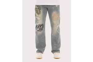 Yinope Custom High-quality Men's Streetwear Light Blue Distressed Washed Printed Embroidery Cotton Denim Straight Jeans