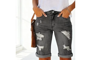 Women's Plus Size Mid Waist Denim Shorts Vintage Style Breathable Quick Dry Fashionable Ripped Holes Rough Edges Winter 3D