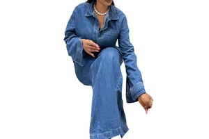 Women's Denim Suit Long Sleeve Top and Wide Leg Pants Two Piece Set