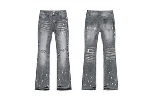 Brand Fashion High Street Retro Casual Niche Splash Ink Ripped Distressed Straight Mid Waist Spring Men's Washed Denim Trousers