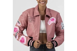 Customizable Women's High Quality Genuine Leather College Varsity Jackets Casual Cropped With Chenille Patches Embroidery