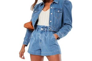 2025 New Casual Windproof Fashion Splicing 100% Cotton Winter Jacket Jeans Shorts Set Women's Long Sleeve Denim Suit Illusion