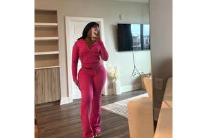 Custom Women's Solid Two-Piece Outfit Long Sleeve Zipper Hoodie Jacket Above-Knee Wide Leg Flared Pants Waffle Knitting Knee
