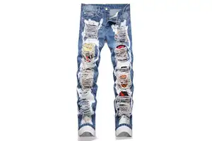 Men Vintage Denim Breathable Button Ripped Straight Stacked Custom Patch Plus Size Quality Summer Spring Jeans