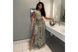 An and N Women's Denim Suit Cross-border Trend Personalized Handmade Worn-out Vest High Slit Denim Skirt Set