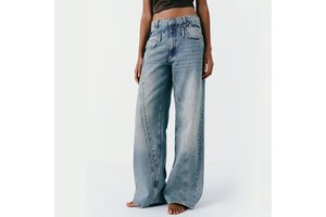Artistic Sewing Design Breathable Distressed Denim Pants Fashion Women's Solid Mid Waist Light Blue Wide Leg Jeans