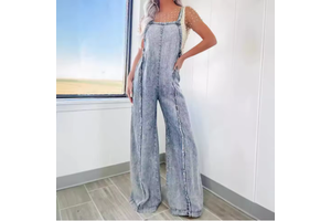 Women's Spring New Retro Washed Rough Selvedge Jumpsuit Stretchy Wide Leg Flare Denim Overall Jumpsuit