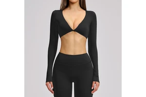 Women's Long Sleeve Yoga Top V-Neck Cropped Gym Shirt with Padded Bra Quick Dry Fitness Workout T-Shirt