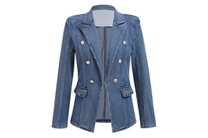 Classic Tailoring Women's Light Wash Denim Blazer Women's Dark Wash Denim Suit with Subtle Stretch