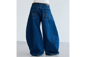 Custom Design Women's High Waist Loose Fit Wide Leg Washed Vintage Distressed Denim Jeans with Rivet and Woven Detail