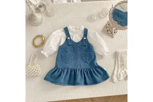 2026 Spring Girls' Toddler Outfit Sweet Heart Denim Suspender Dress Baby Suit Solid Color Long Sleeve Shirt Two-Piece Set
